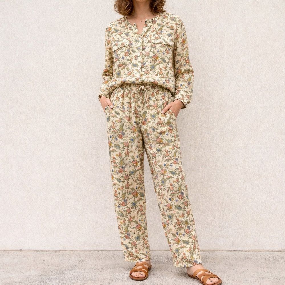 Liz Sport Vintage Yellow Floral Matching Set Top L Pants M Cottagecore 90s Flowy